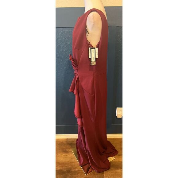 Betsy & Adam Long Sleeveless Boat Neck Ruffle Side Slit Scuba Crepe Gown - Picture 4 of 10